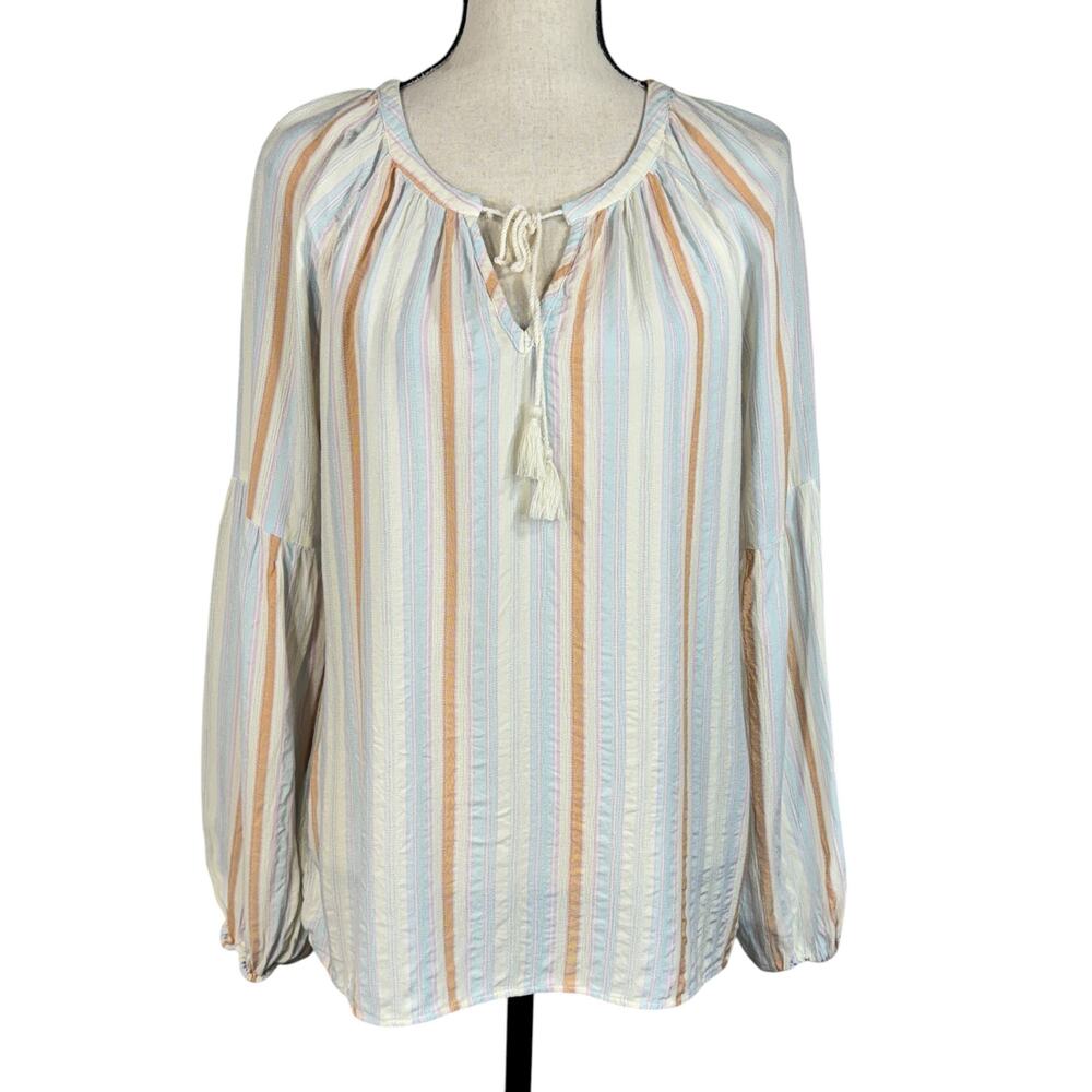 Philosophy Large Top Striped Long Balloon Sleeves Lightweight Tie Keyhole V-Neck
